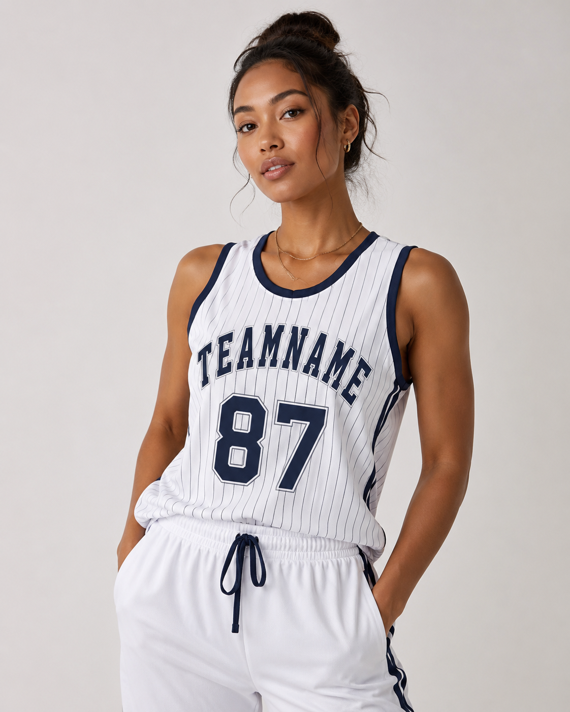 Model wearing basketball jersey